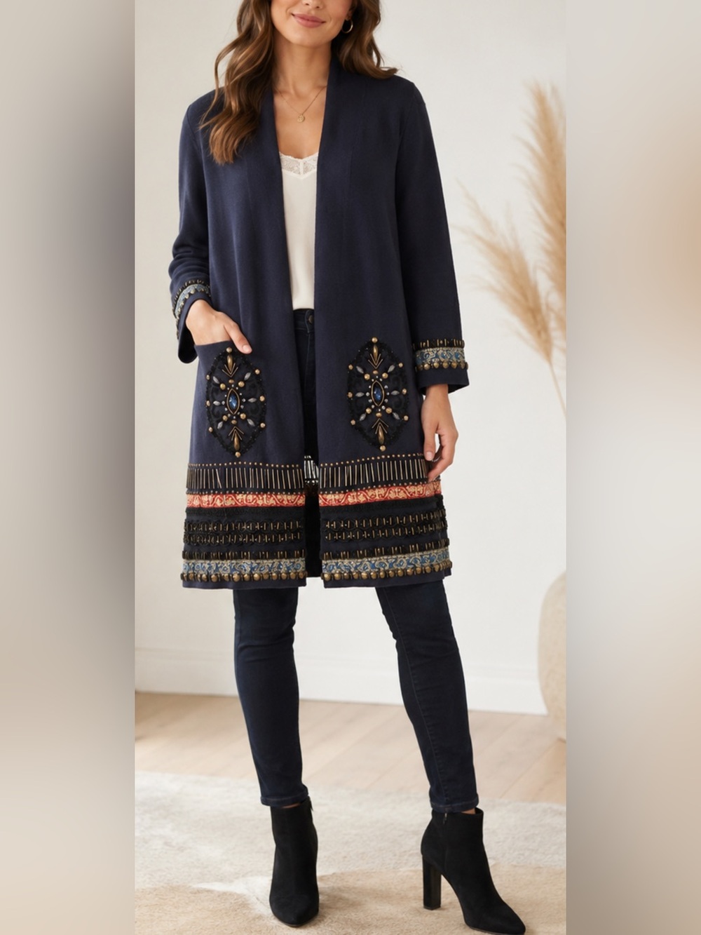Chico’s Navy Embellished Open Front Long Cardigan Approx L/XL 24” P2P Beaded